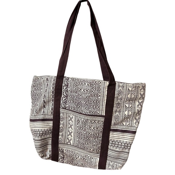 Handbags - Black & Cream Tribal Print Fabric Tote | Zip Top | Lightweight Shoulder Bag